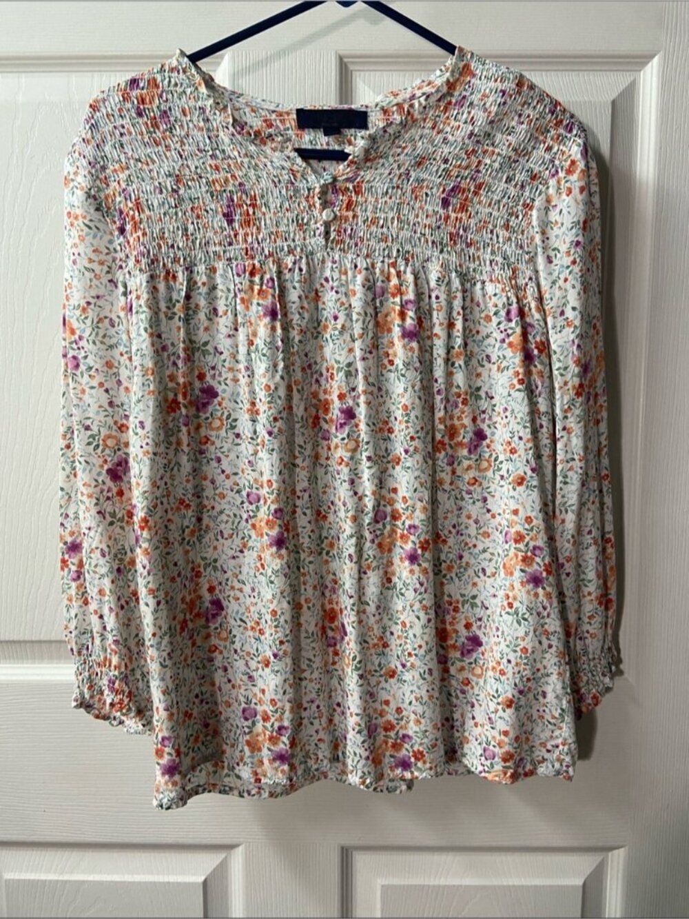 White Floral Smocked Yoke Long-Sleeve Blouse with Orange & Purple Flowers